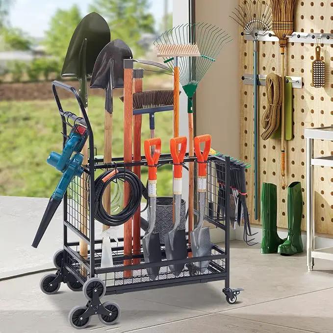 Lauren&Harold Garden Tool Organizer for Garage, Yard Tools Storage Rack with 2 Stair-Climbing Wheels, Gardening Tool Storage Holder for Garage, Yard, Lawn and Outdoor, Garden Tool Rolling Cart by GreenHaven Gardens
