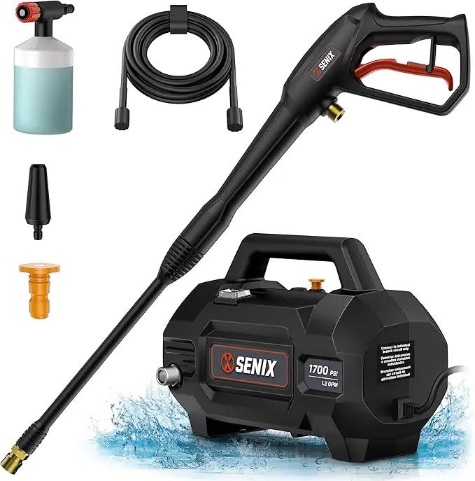 SENIX 13 Amp Electric Pressure Washer - 2100 PSI MAX, 1.2 GPM, Compact with Foam Cannon, Spray Gun, 20-ft Hose, Turbo Nozzle, and 15° Spray Nozzles - Perfect for Cars and Driveways by GreenHaven Gardens