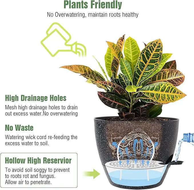 10/9/8 inch Self Watering Pots, Set of 3 Plastic Planters with Mesh Drainage Holes and Deep Reservoir for Indoor Outdoor Garden Plants and Flowers, Black Speckles by GreenHaven Gardens