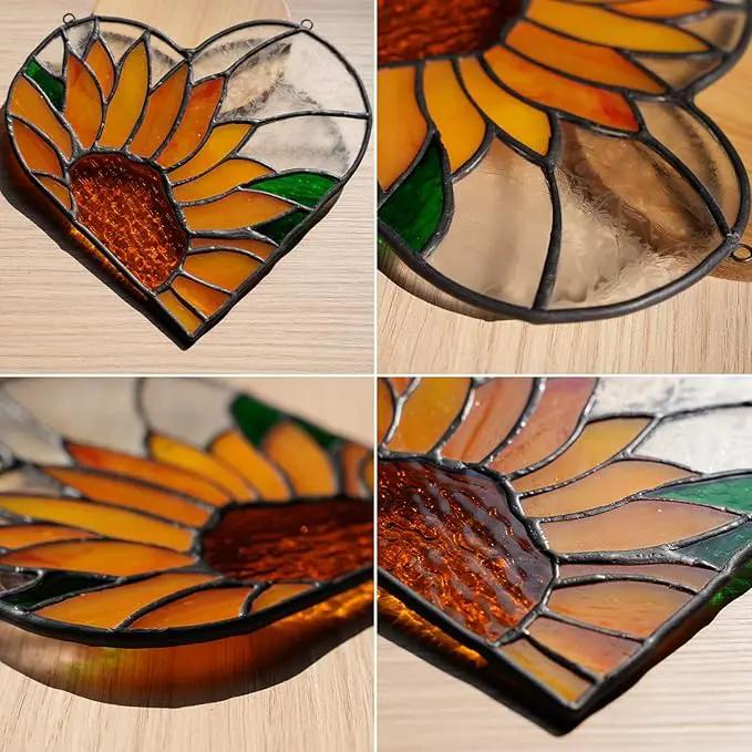BOXCASA Sunflower Stained Glass Window Hangings,Sunflower Stained Glass Suncatcher,Heart Shape Sunflower Best Teacher Gifts for Women Birthday,Sunflower Decoration for Home Indoor Window by GreenHaven Gardens