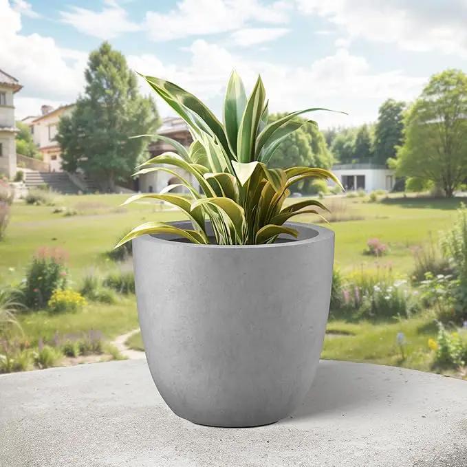 Kante 14 Inch Dia Round Concrete Planter, Indoor Outdoor Large Plant Pot with Drainage Hole and Rubber Plug for Home Patio Garden, Gray Concrete by GreenHaven Gardens