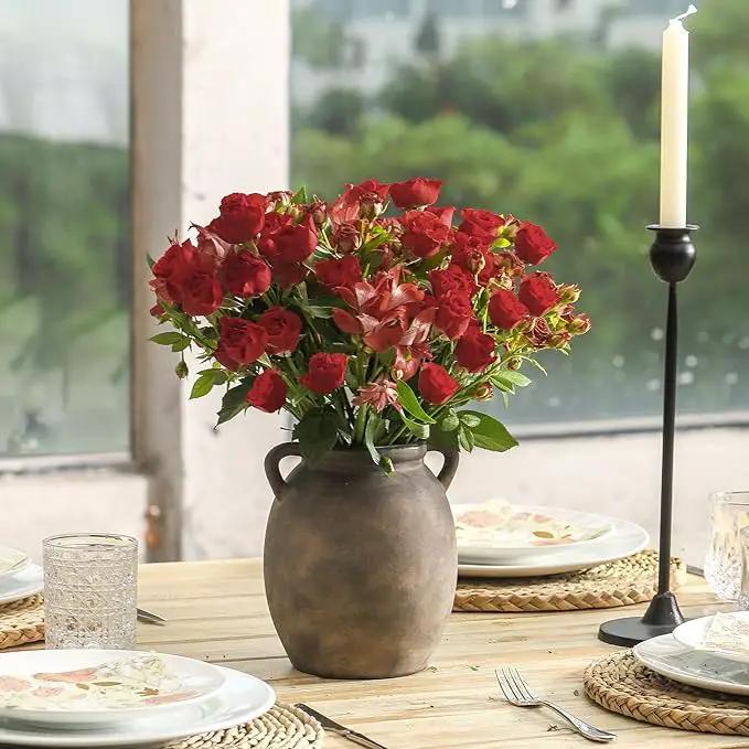 Ceramic Flower Vase 7.6 inch Farmhouse Rustic Vase Decorative Pottery Terracotta Vases for Home Decor Table Mantle Fireplace Living Room Bathroom Wedding Centerpiece (Black) by GreenHaven Gardens