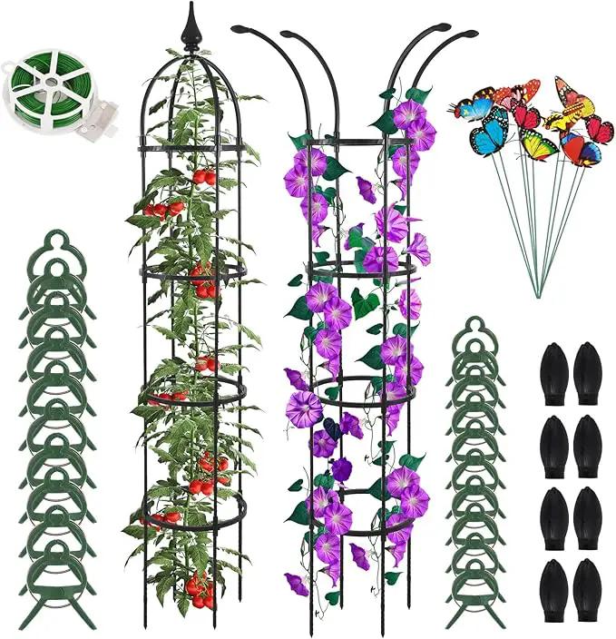 Obelisk Trellis for Climbing Plants Outdoor 6.6ft, Garden Tower Trellis for Potted Plants Indoor with Twist Tie, Clips and Butterflies Rustproof Coated Metal Support for Vines Rose 2Pack by GreenHaven Gardens