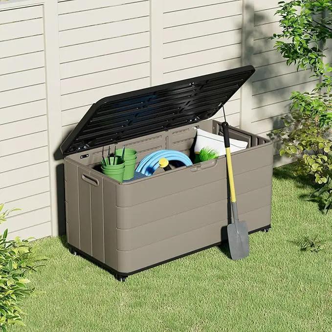 100GAL Brown Wicker-Textured Deck Box with Wheels – Lockable, Waterproof, UV-Resistant, Spacious Storage for Patio & Garden Supplies, Easy Handling by GreenHaven Gardens