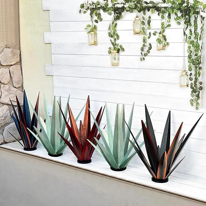 Large Tequila Rustic Sculpture, Rustic Metal Agave Plants for Outdoor Patio Yard, Home Decor Hand Painted Metal Agave Garden Yard Statue, Outdoor Lawn Ornaments (Mint Green - L (W/ Solar Light)) by GreenHaven Gardens