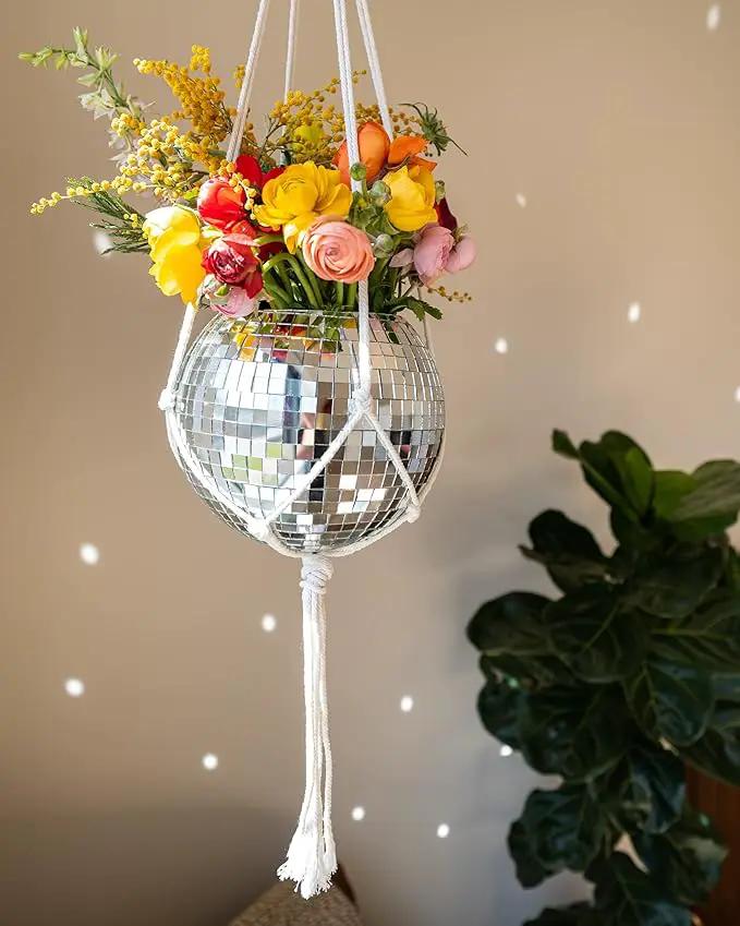 Hanging Disco Ball Planter 8" - with Acrylic Stand and Macrame Plant Hanger - Home Décor, Room Décor, Patio or Boho Décor, Mirror Disco Planter, Disco Decor (8" with Base) by GreenHaven Gardens