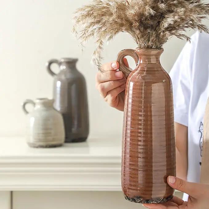 Ceramic Vases Set of 3, Neutral Rustic Farmhouse Vase with Handle, Decorative Flower Vases Home Decor Modern Boho Pampass Vase for Table Mantel Entryway Shelf Living Room Kitchen Bathroom - Brown by GreenHaven Gardens