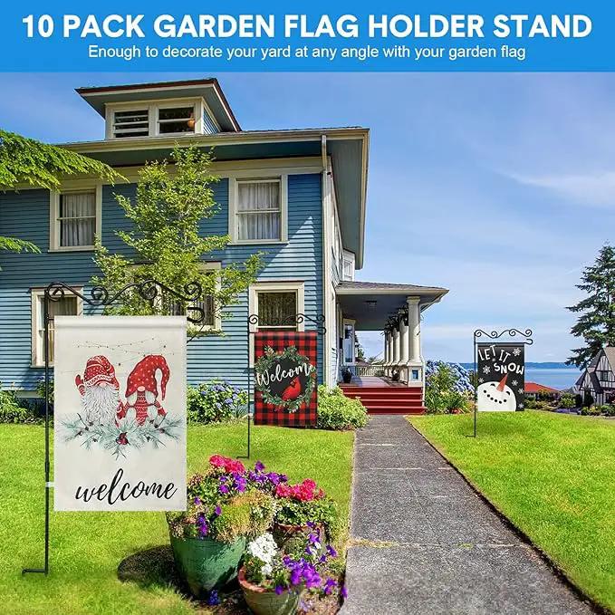 10 Pack Garden Flag Stand with Flag Stoppers and Clips, Black Powder Coated Weather Proof Garden Flag Pole Holder for Outdoor Garden Flag (Stylish Style, 15.75 x 36.22 Inch) by GreenHaven Gardens