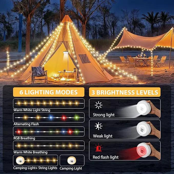 Camping String Lights, 4 in 1 Quick Storage Camping Essentials Gear 32.8FT Rechargeable Tent Lights with 9 Modes Hanging Waterproof LED Camp Lamp for Camping Hiking Patio Garden Festival -Warm +RGB by GreenHaven Gardens
