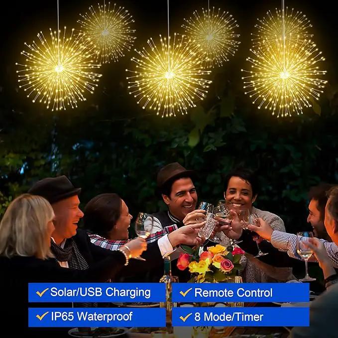 Solar Firework Lights Outdoor, 600 LED Starburst Light Outdoor with USB Rechargerable, 8 Modes Waterproof Solar Hanging Lights for Gazebo Yard Party Wedding Decorations (Warm White, 600 LED) by GreenHaven Gardens