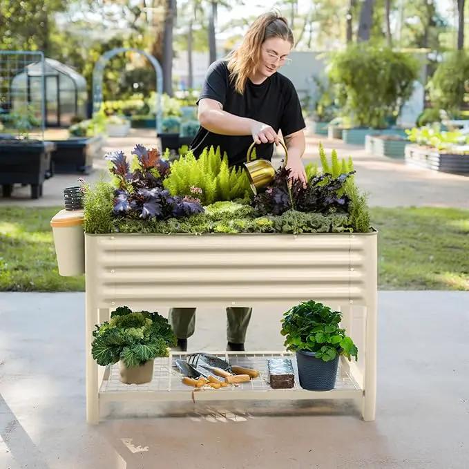 Elevated Raised Garden Bed-V Series, 2' x 8' Garden Beds with Legs & Storage Rack for Patio Porch, 1400 Lbs Weight Capacity, Outdoor Planter Boxes for Gardening Herbs Vegetables Flowers, Pearl White by GreenHaven Gardens