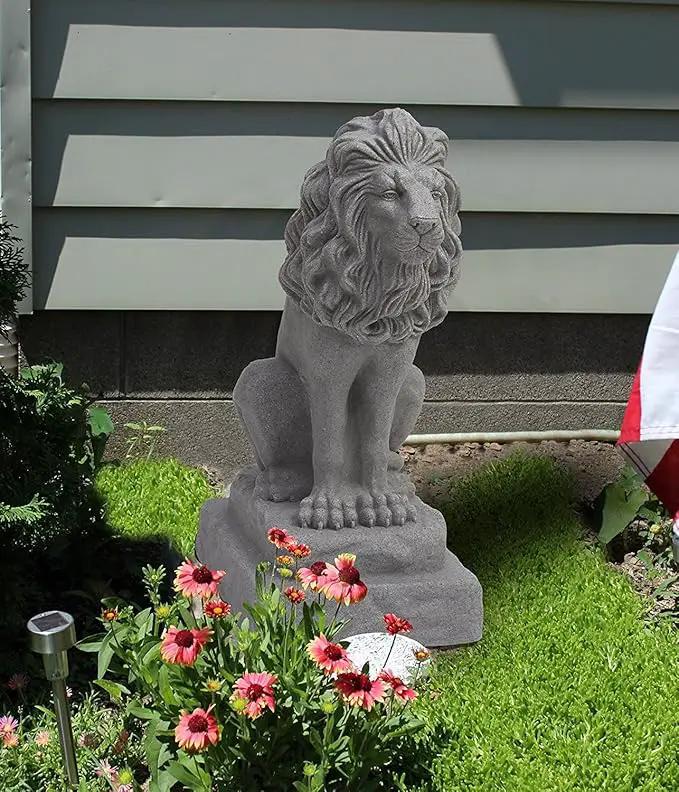 EMSCO Group Guardian Lion Statue – Natural Granite Appearance – Made of Resin – Lightweight – 28” Height by GreenHaven Gardens