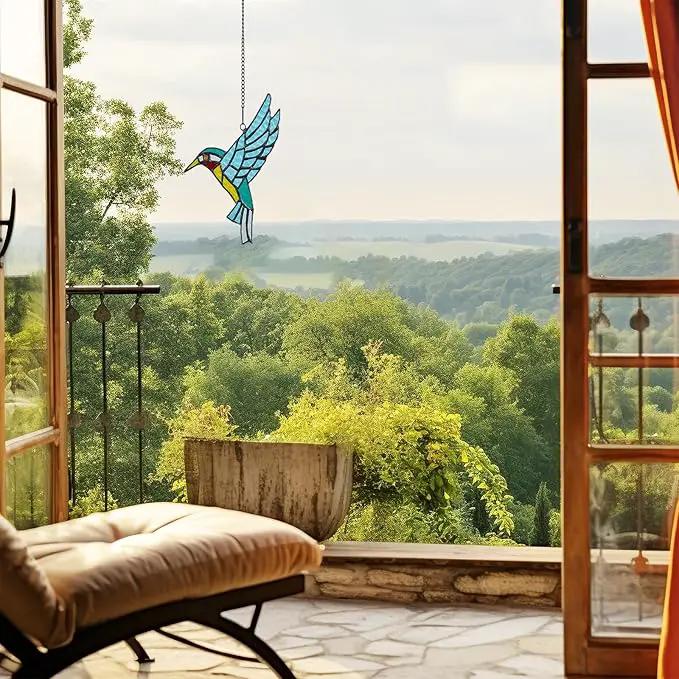 Stained Glass Hummingbird,Stained Glass Window Hanging, Flying Male Hummingbird suncatcher for Windows Doors Room Home, Hummingbird Deco, Gift for Mom, Father, and Nature Lovers. by GreenHaven Gardens