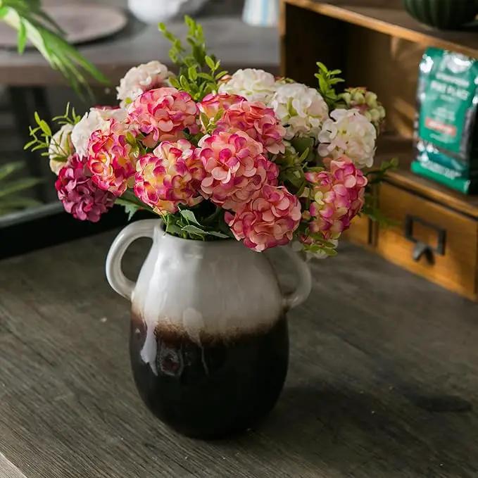 White Gradient Ceramic Vase with 2 Handles, Modern Farmhouse Decor, Rustic Terracotta Pottery, Decorative Flower Vases, Clay Small Vase, Centerpiece for Dining Table - 7 Inch Tall by GreenHaven Gardens