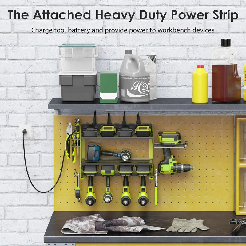 CCCEI Modular Power Tool Organizer Wall Mount Charging Station, Green 6 Drills Holder with 8 Plug Power Strip 6FT, Garage Drill Battery Heavy Duty Metal Shelf, Utility Rack with Hooks, Side Storage. by GreenHaven Gardens