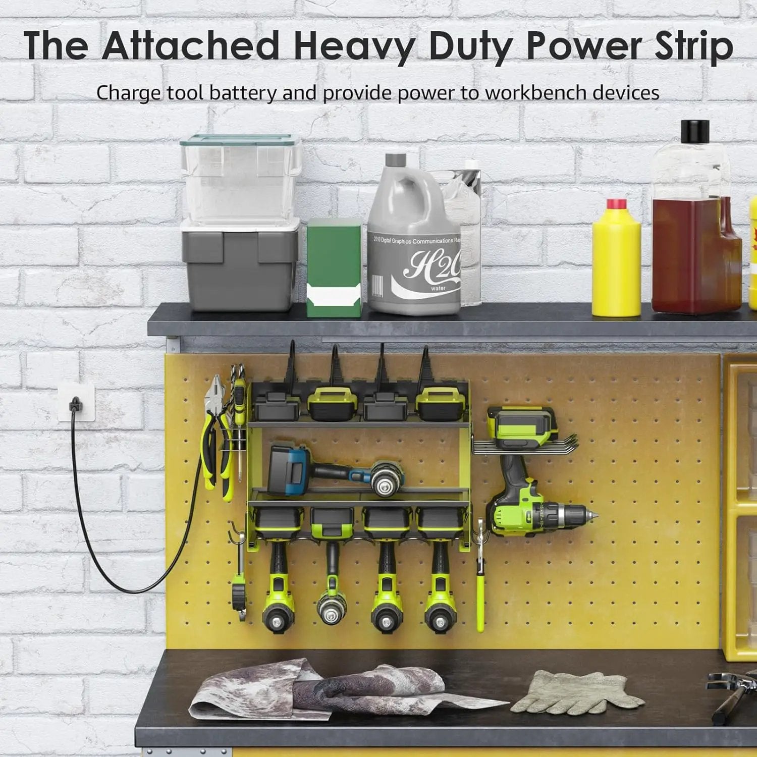 CCCEI Modular Power Tool Organizer Wall Mount Charging Station, Green 6 Drills Holder with 8 Plug Power Strip 10FT, Garage Drill Battery Heavy Duty Metal Shelf, Utility Rack with Hooks, Side Storage. by GreenHaven Gardens