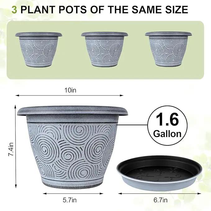 10 Inch Flower Pots Planters for Indoor Outdoor Plants, 3 Pack Plastic Large Plant Pots with Drainage Hole & Tray, Modern Decorative Garden Pot with Saucer, Plant Container for House by GreenHaven Gardens