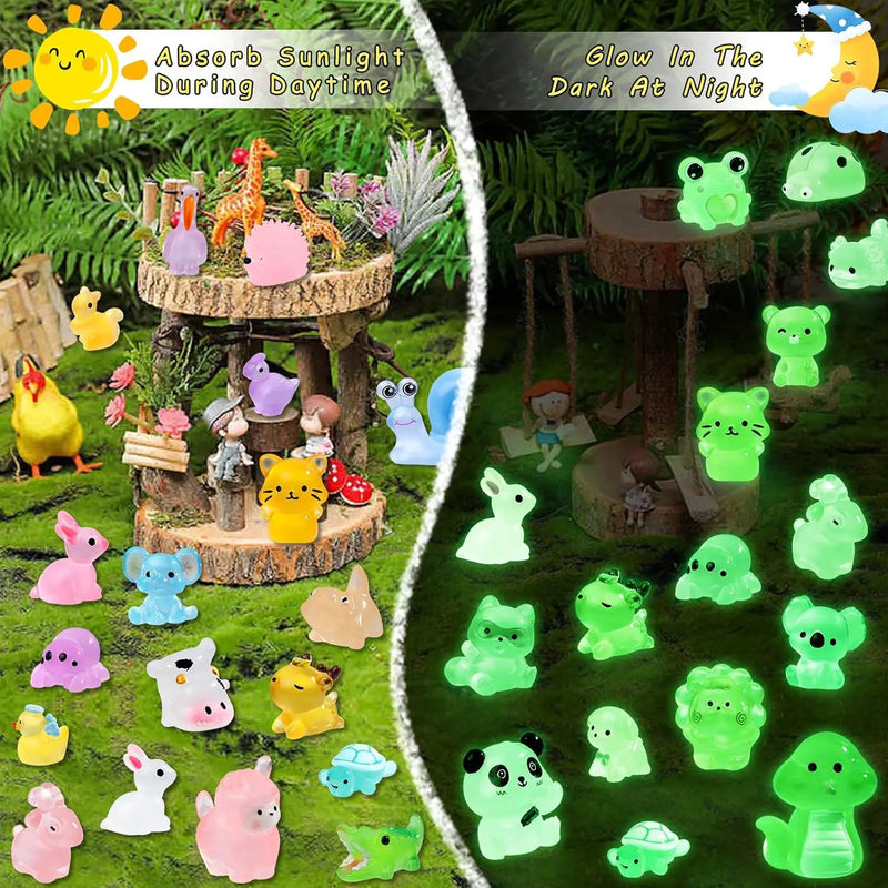 52Pcs Luminous Mini Resin Animals 52 Styles Miniature Glow in the Dark Resin Animal Figures to Hide Tiny Small Little Ducks Turtles Dinosaurs and Frogs for Micro Landscape Dollhouse Fairy Garden Decor by GreenHaven Gardens