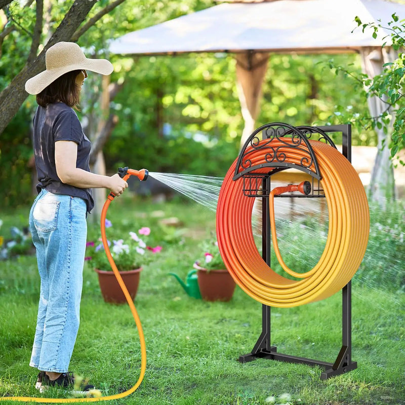 Garden Hose Holder – Freestanding Water Hose Holder with Storage Basket, Sturdy Metal Hose Stand and Hanger, Heavy-Duty Garden Hoses Storage Rack for Outside, Supports 151FT by GreenHaven Gardens