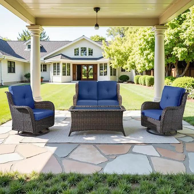 4 Piece Patio Furniture Set - Outdoor Glider Bench with Swivel Rocker Chairs and Coffee Table, High Back Small Outdoor Conversation Furniture Sets for Deck Sunroom Balcony Backyard by GreenHaven Gardens