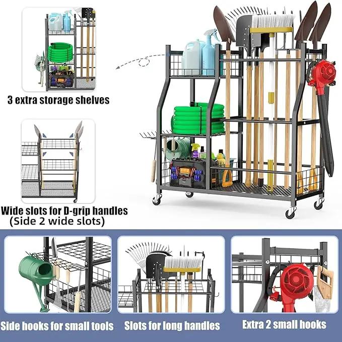 WALMANN Garden Tool Organizer with Wheels for Garage, Large Storage Capacity, Rakes/Shovels/Yard Tools Storage Stand for Shed, Garden, Indoor/Outdoor Long-Handled Tools Rolling Cart by GreenHaven Gardens