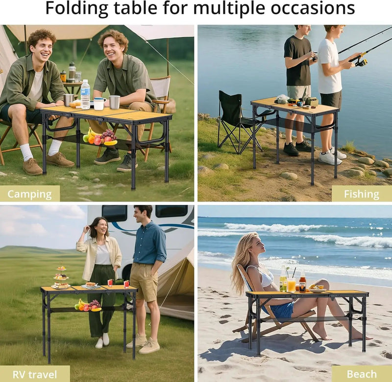 3ft Camping Table Foldable with Storage Net and Bag, 3 Adjustable Heights High 27.5" Aluminum Camping Table, Portable, for Outdoor Indoor Backyard BBQ Cooking Party Picnic Beach, Yellow by GreenHaven Gardens