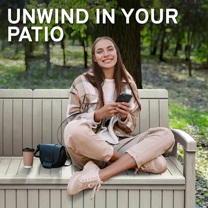 EconoHome 3 Seat Outdoor Storage Bench with Rain Cover - 90 Gallon Capacity - Weatherproof Resin Bench for Patio, Porch, Garden, Yard, Pool Area - Furniture for Pool Accessories, Gardening Tools by GreenHaven Gardens