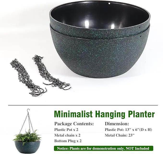 WOUSIWER 13 inch 2 Pack Large Hanging Planters for Indoor Outdoor Plants with Drainage Holes and Chain, Round Hanging Flower Pots for Garden Home Porch Decor, Black with Green Speckles by GreenHaven Gardens
