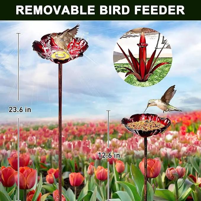Upgraded Large Metal Yard Art, Metal Agave Plant Yard Decorations Outdoor Sculpture, Metal Flowers for Outside, Waterproof Outdoor Garden Decor (Red + Bird Feeder) by GreenHaven Gardens