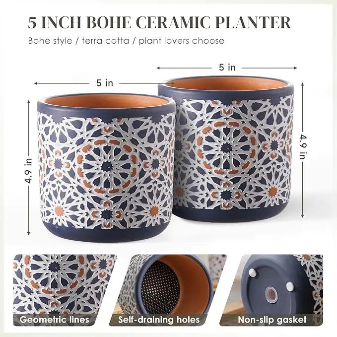 2 Pack Ceramic Flower Pots for Indoor Plants, 5 Inch Boho Plant Pot with Drainage Holes,Modern Planter for Decorative Succulents/Snake Plant/Orchid/Peace Lily/House Plants(Blue) by GreenHaven Gardens