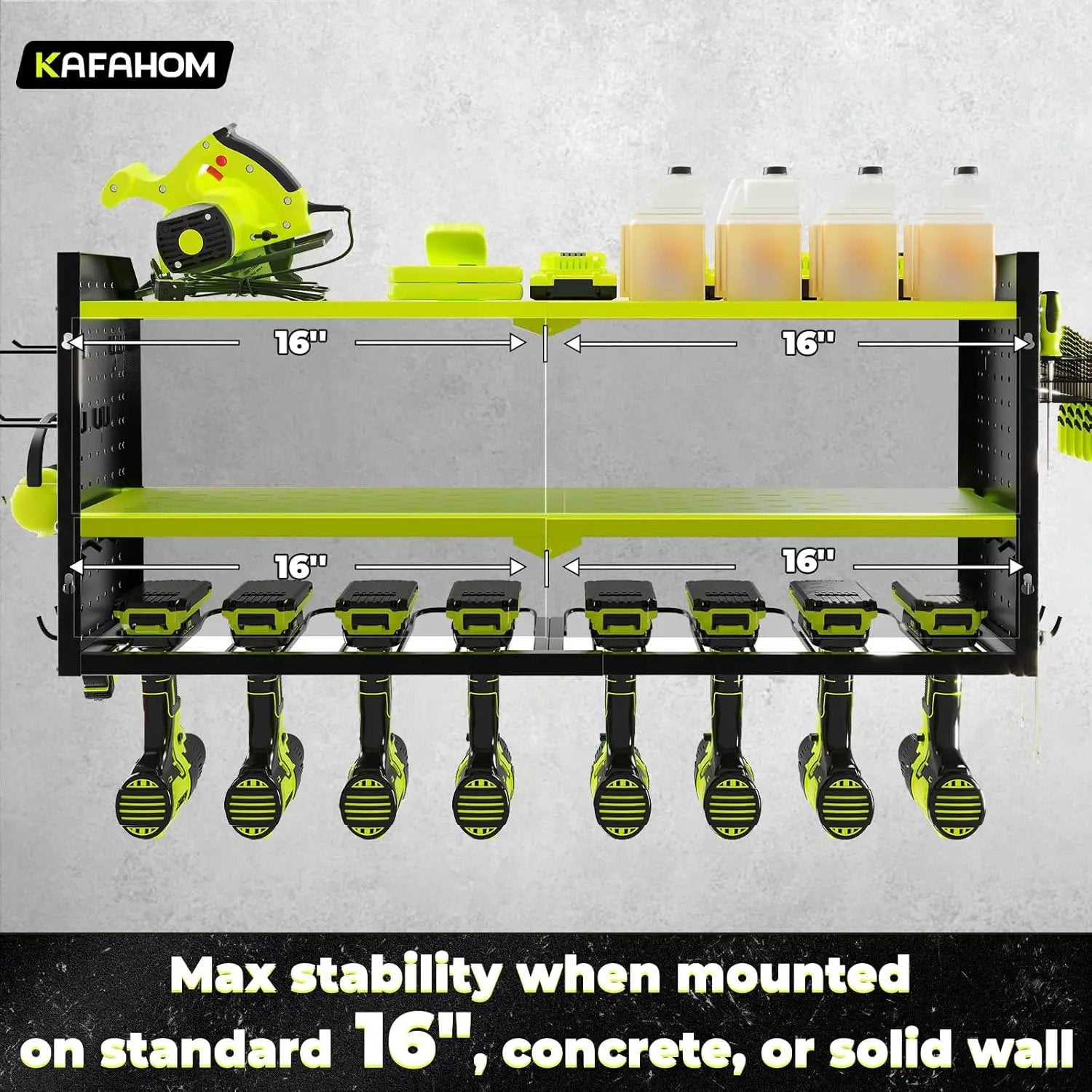 KAFAHOM Power Tool Organizer, Large 8 Drill Holder Wall Mount with 2 Side Pegboards, Heavy Duty Metal Tool Shelf with 12 Hooks, Storage Rack for Garage Organization, Battery Shelves - Green by GreenHaven Gardens