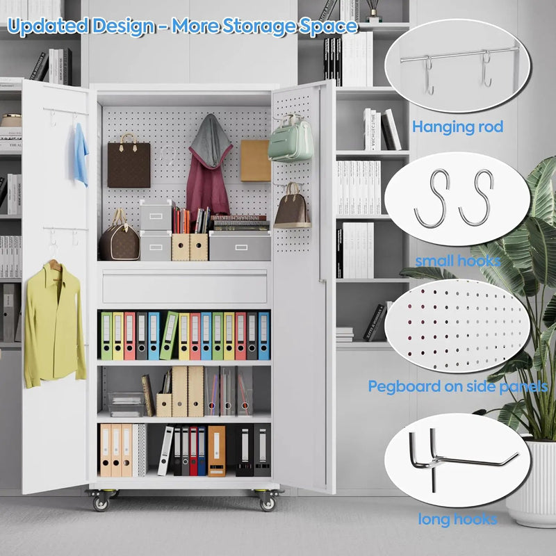 71" H Garage Storage Cabinet with Locking Doors and 2 Adjustable Shelves, Metal Tool Storage Cabinet with Wheels, Drawer, Pegboard and 16 Hooks for Garage, Warehouse, White by GreenHaven Gardens