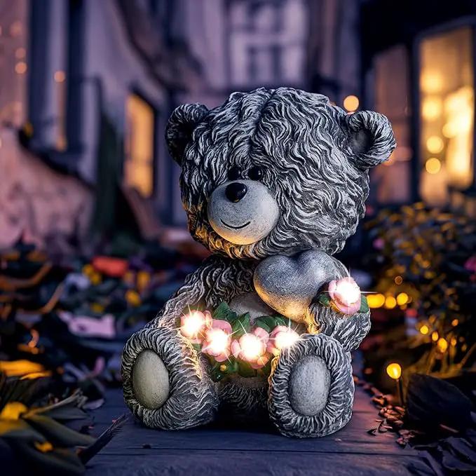 Solar Garden Outdoor Statues Bear with Heart and Pink Flower and 5 LED Lights-Lawn Decor Bear Statue for Patio, Balcony, Yard Ornament-Unique Valentine's Day and Housewarming Gifts for Mom, Women by GreenHaven Gardens