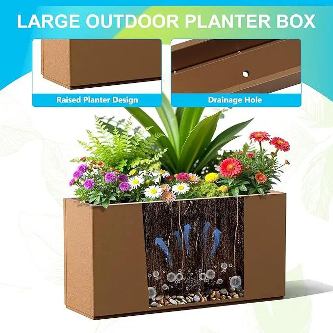 FENCY Metal Rectangular Planter Box, Large Planters for Outdoor Plants, Tall Planters for Outdoor Plants with Drainage Holes (32" L x 10" W x 16.3" H,Brown) by GreenHaven Gardens