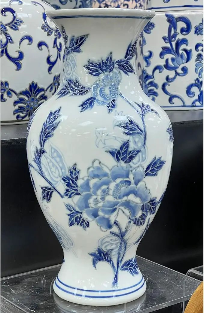 Galt International Blue and White Floral Chinoiserie Ceramic Vase 14" - Hand Painted Antique Style Porcelain Flower Bottle Fishtail Porcelain Chinese Vase for Home Decor Centerpiece by GreenHaven Gardens