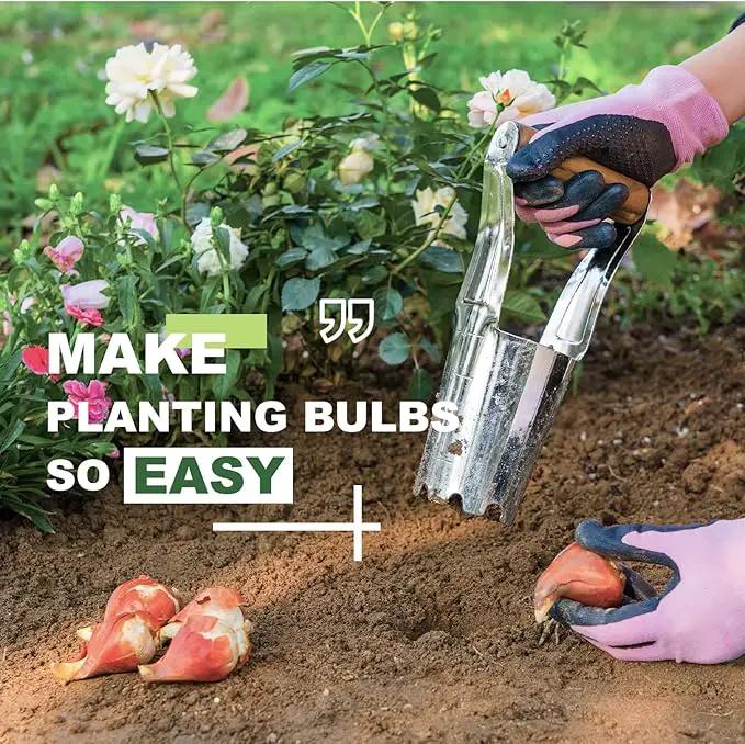 Haliaeetus Bulb Planter Tool, 4 inches Depth Mark Hand Bulb Planter, Non-Bending Stainless Steel Bulb Planter Digger, Garden Bulb Transplanter with Comfortable Wood Handle for Planting Tulip, Daffodil by GreenHaven Gardens