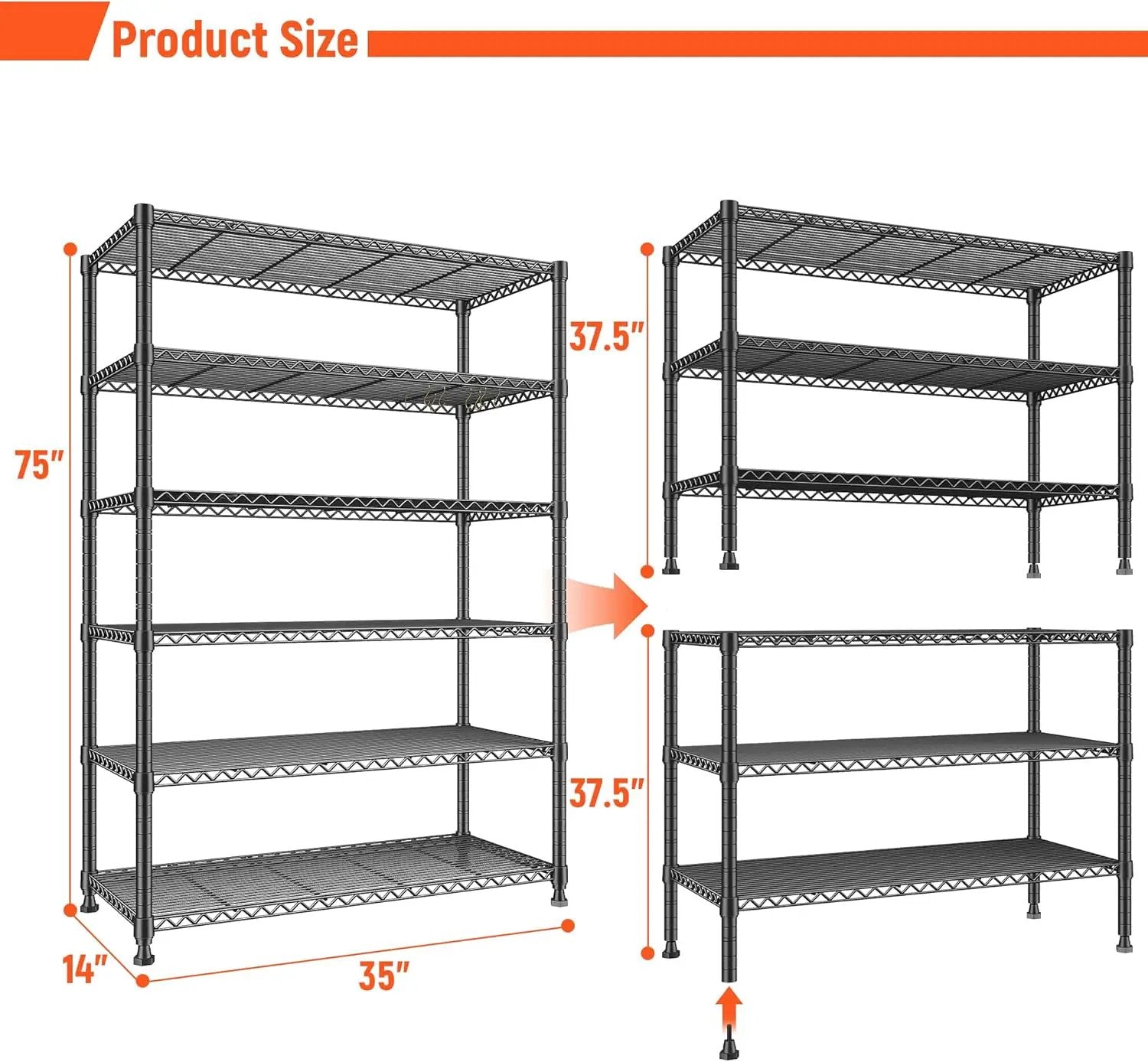 REIBII 75" H Metal Shelving 6 Tier Storage Shelf Adjustable Kitchen Shelf Wire Shelving Unit Detachable Storage Rack for Kitchen Laundry Living Room Commercial Heavy Duty Metal Shelf 75" X35" X14" by GreenHaven Gardens