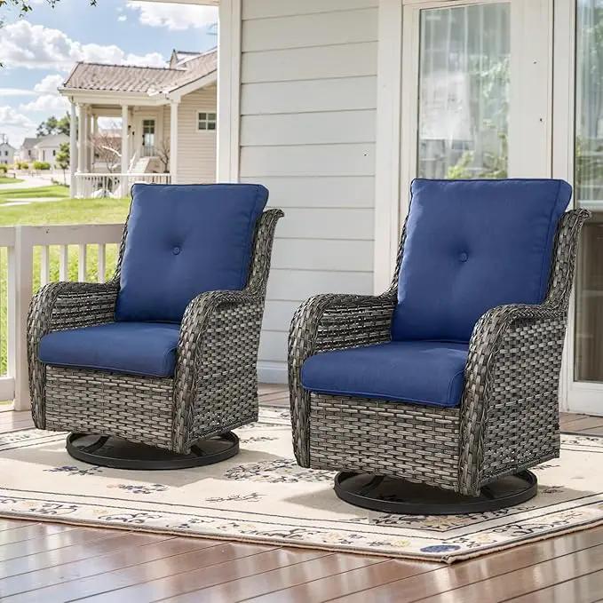 Outdoor Swivel Rcoker Patio Chairs - Outdoor Swivel Patio Chairs Set of 2 Wicker Chair Patio Furniture Sets with Covered Cushion for Porch Deck Balcony Garden, Blue by GreenHaven Gardens