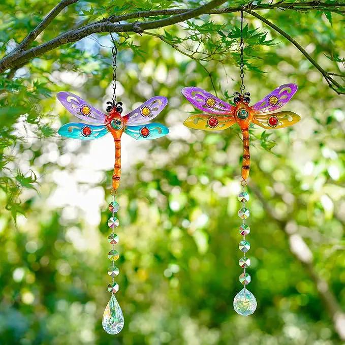 Crystal Dragonfly Suncatchers for Christmas, 2 Pack Dragonfly Sun Catcher for Windows Hanging, Stained Glass Dragonfly Ornament for Outdoor Home Decor by GreenHaven Gardens