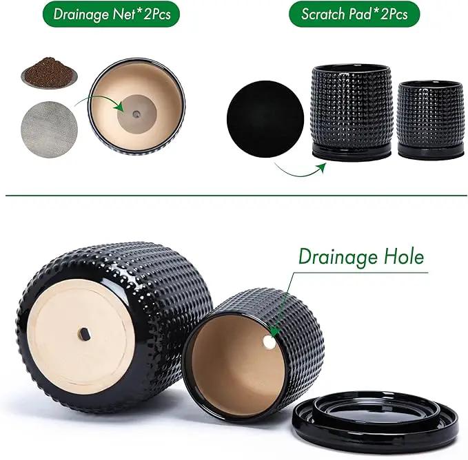 D'vine Dev 6 Inch 4 Inch Ceramic Indoor Planter Pots with Drainage Hole and Saucer, Beaded Design Flower Pots, Set of 2, Gloss Black, 27-D-U-2 by GreenHaven Gardens