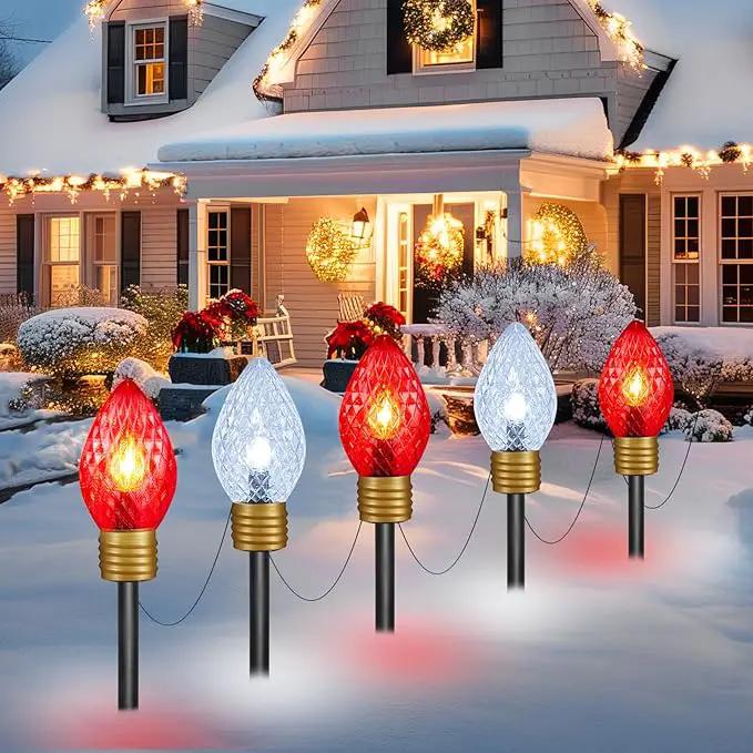 Moonflor Strawberry Jumbo C9 Christmas Pathway Lights Outdoor - 8.5FT 5 LED C9 Walkway Lights Outdoor, Christmas Decoration Outside, Christmas Lights Outdoor for Lawn Holiday Yard, Red & Pure White by GreenHaven Gardens