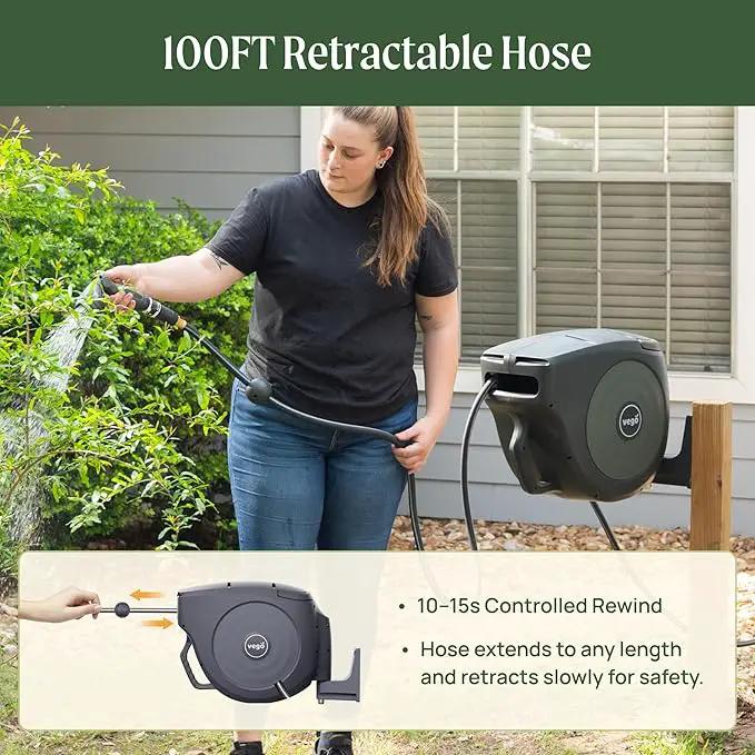 Vego Garden Hose Reel Retractable Hi-Flow x 100ft Wall Mounted Hose Reel Automatic Rewind, Any Length Lock with 9 Patterns Sprayer Nozzle, Quick Connector and Adjustable shot Nozzle-Seaweed Green by GreenHaven Gardens