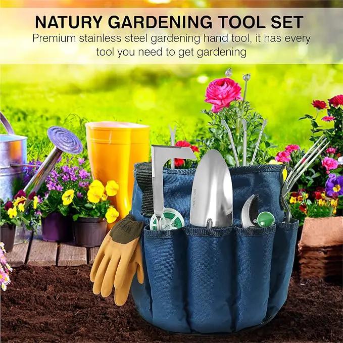Garden Tools Set – Premium Stainless Steel Gardening Hand Tools with Solid Beechwood Handle – Gardening Kit with Rake, Shovel, Gloves, Shears, Tool Organizer – Garden Gifts for Women and Men by GreenHaven Gardens