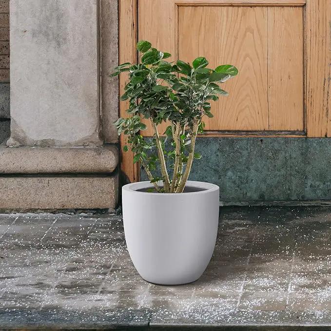 Kante 14 Inch Dia Round Concrete Planter, Indoor Outdoor Large Plant Pot with Drainage Hole and Rubber Plug for Home Patio Garden, Pure White by GreenHaven Gardens