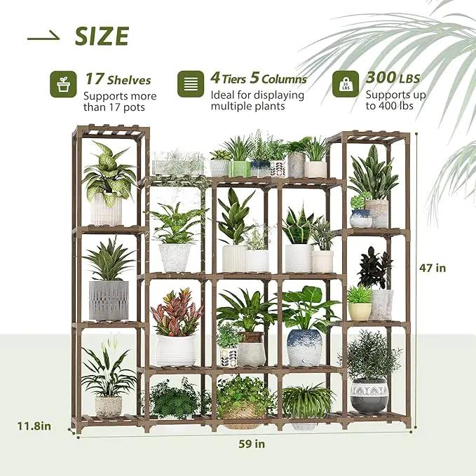 Large Plant Shelf 17 Pots Plant Stand Indoor Outdoor Tall Plant Rack Wood for Indoor Plants Multiple Plant Holder for Patio Balcony Garden Flower Stand Load-Bearing 600 LBS by GreenHaven Gardens