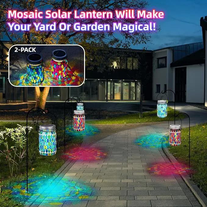 VOREEN 2 Pack Mosaic Solar Lanterns, Outdoor Glass Hanging Lights, Solar Table Lamps, Waterproof Night Lights, Jar Lights Easter Gifts, Decoration for Garden, Patio, Yard, Balcony, Blue&Red by GreenHaven Gardens