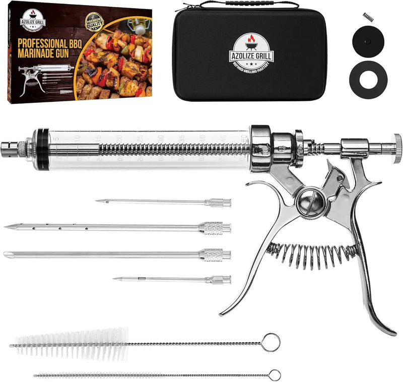 Meat Injector Gun Kit for Smoking & Grilling - Stainless Steel BBQ Meat Turkey Injector with Case, Instruction Book - Professional Brisket Flavor Injector Syringe - Marinade Meat Injector by GreenHaven Gardens