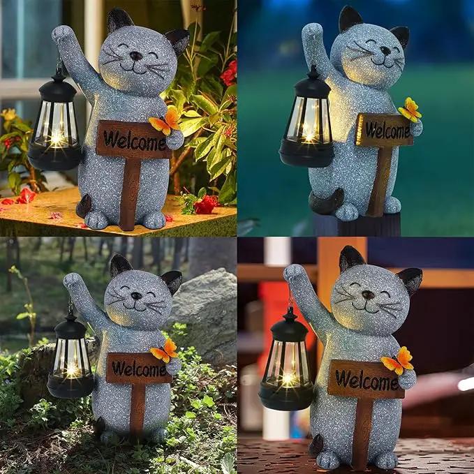 Juegoal Garden Statue Solar Cat Figurine with Lantern, 10" Resin Kitten Outdoor Lawn Porch Yard Art, Lighted Christmas Birthday Gifts for Mom Grandma by GreenHaven Gardens