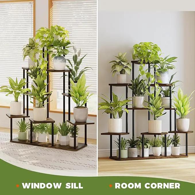 Bamworld Large Plant Stand Indoor, 9 Tier Tall Metal Plant Shelf for Multiple Plants, Tiered Flower Stand for Patio Garden Balcony Living Room Bedroom(Brown) by GreenHaven Gardens