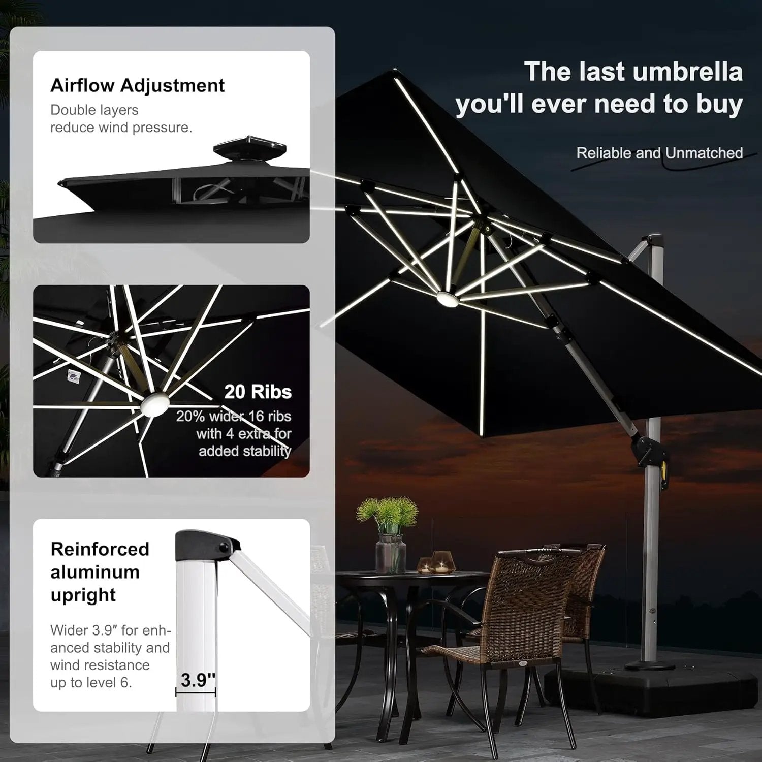 PURPLE LEAF 9' X 12' Double Top Deluxe Solar Powered LED Rectangle Patio Umbrella Offset Hanging Umbrella Outdoor Market Umbrella Garden Umbrella, Black by GreenHaven Gardens